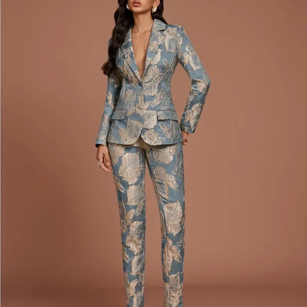 Elegant Floral Navy Blue Women's Suit Set. Raised fabric. Beautiful and classy!